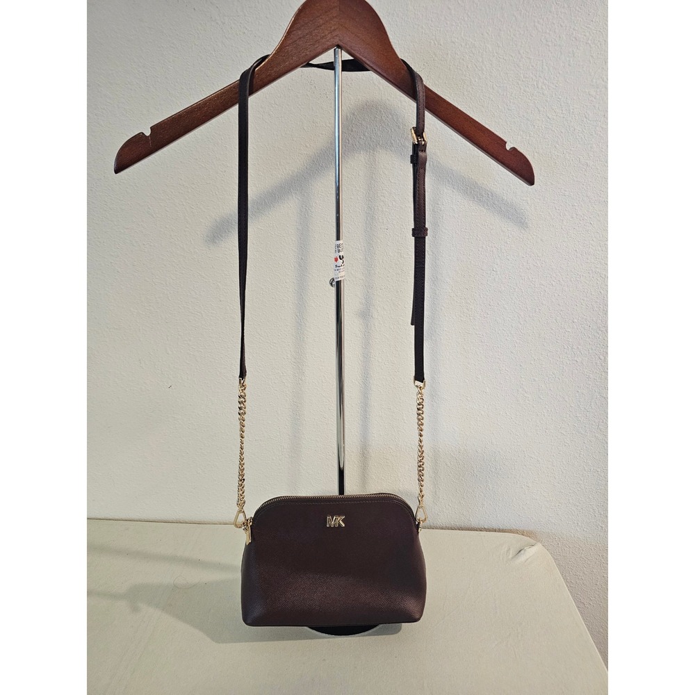 Michael Kors Small Crossbody Bag Brown Saffiano Leather Gold Chain Strap